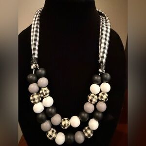 Unique Black and White Wooden Beaded Necklace With Gingham Fabric Covered Beads